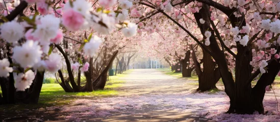 Photo sur Plexiglas Chocolat brun white blossoms decorating an apple tree in a grassy area, landscape-focused
