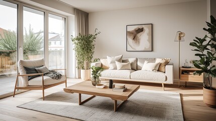 bright and clean home living room interior design concept living room decorate with nature wooden material simple comfort simplicity decorate element house beautiful design background - obrazy, fototapety, plakaty