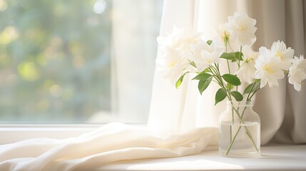 beautiful flower vase near window curtain morning sunlight from window freshness moment home interior abckground - Powered by Adobe