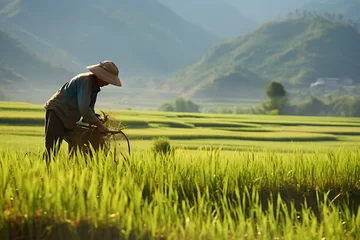 Crédence de cuisine en verre imprimé Rizières Workers working on a rice field, rice farming rice fields,  rice farm, harvesting rice on a rice fiels, asian rice farm workers