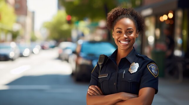 Portrait of African American women police officer standing with smiling on street.