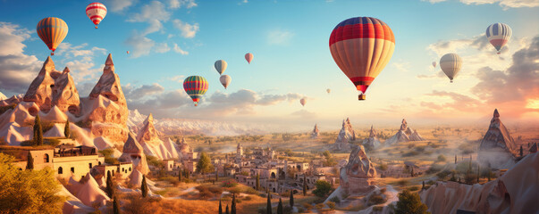 Cappadocia, Hot air colores balloons flying over country. - obrazy, fototapety, plakaty