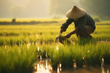 Workers working on a rice field, rice farming rice fields,  rice farm, harvesting rice on a rice fiels, asian rice farm workers