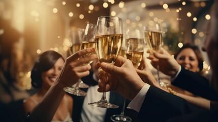 Happy mature people cheers with champagne drinks glasses at dinner gala. Toast in a party to celebrate achievement or new year at luxury event. - obrazy, fototapety, plakaty