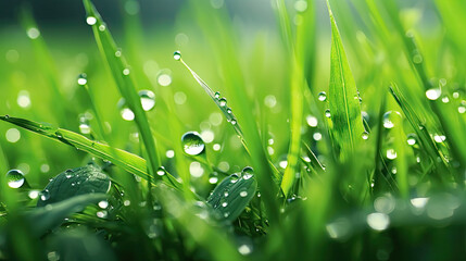  a close up of grass with water droplets on it and a blue sky in the background.  generative ai