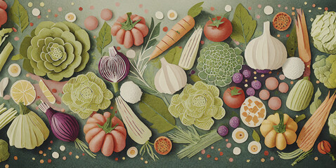 illustrazione con sfondo di verdure e ortaggi freschi di stagione, agricoltura e alimentazione