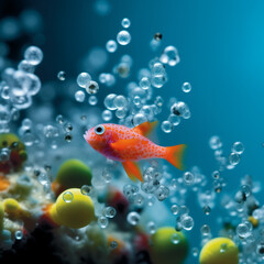 red fish in aquatic world with bubbles and molecules