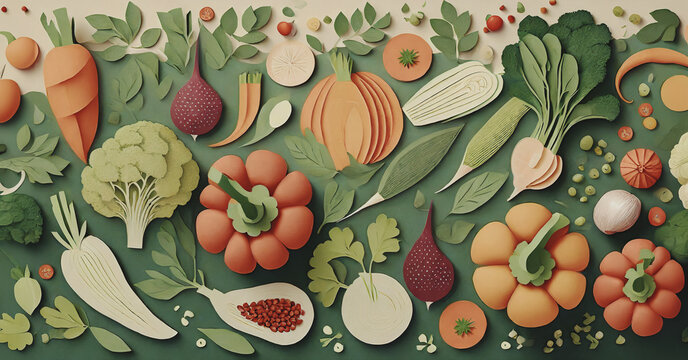 illustrazione con sfondo di verdure e ortaggi freschi di stagione, agricoltura e alimentazione