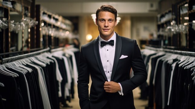 man trying on a tuxedo in a rental shop, copy space, 16:9