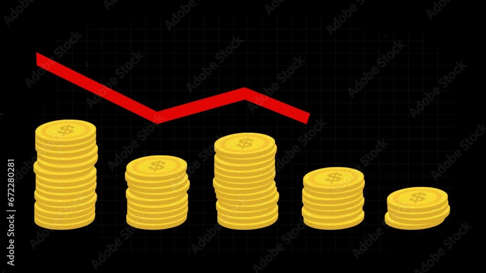 Poster video animation stacked coins and arrow trending down, decreasing statistical graphic concept. on a 