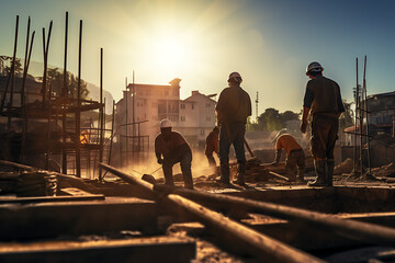 construction workers, working in construction, building buildings, houses, working on a construction site - obrazy, fototapety, plakaty