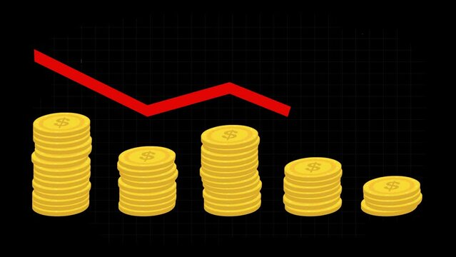video animation stacked coins and arrow trending down, decreasing statistical graphic concept. On a transparent background with zero alpha channel