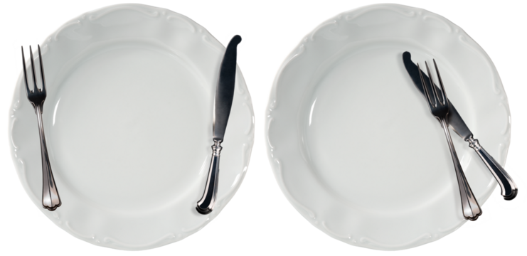 Collection of two white empty plates, serving dishes, with cutlery, fork and table knife. Isolated on white or transparent background. Png.