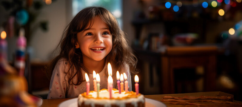 Girls Child Blowing Out Birthday Candles Generative AI