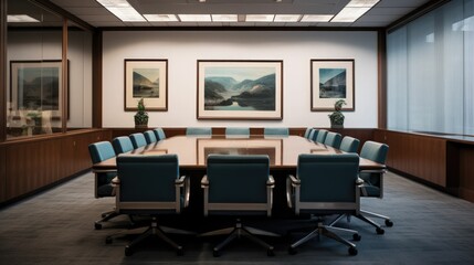 Modern Conference Room, Board Room with Multiple Chairs, Pictures on Walls, Clean Contemporary Interior Business Office
