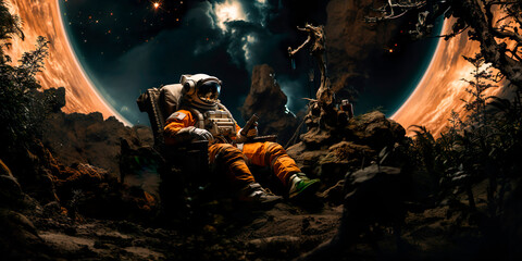 astronaut in spacesuit in space, in alien planet - obrazy, fototapety, plakaty