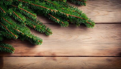 Christmas tree branches on wooden background.