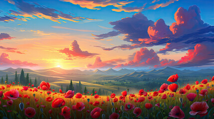  a painting of a beautiful sunset over a field of flowers.  generative ai