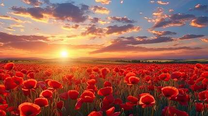  a field of red flowers with the sun setting in the background.  generative ai