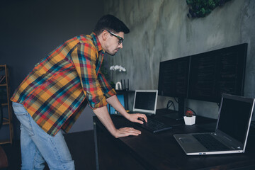 Profile photo of skilled c developer keyboard write cyber security protection desktop netbook pc...