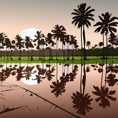 Landscape with row of coconut trees on new planted rice paddy field view during sunset.