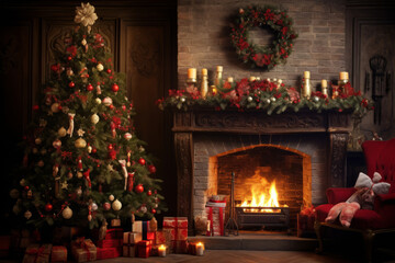 Fototapeta na wymiar Cozy Holiday Hearth: Fireplace with Christmas Stockings