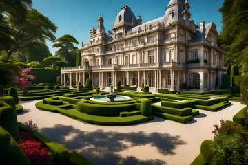 Photo sur Plexiglas Vienne A Victorian mansion with an elaborate formal garden, meticulously landscaped with perfectly trimmed hedges and topiaries