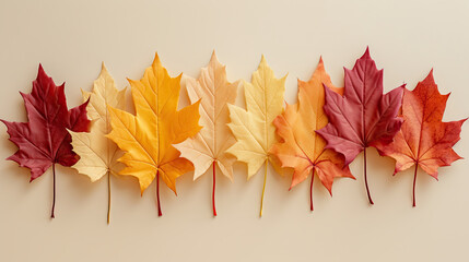 Naklejka na ściany i meble a row of autumn leaves arranged in a row on a wall. generative ai