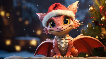Cute Dragon in a Santa Claus Costume against the Background of a Christmas Tree. New Year symbol of 2024.