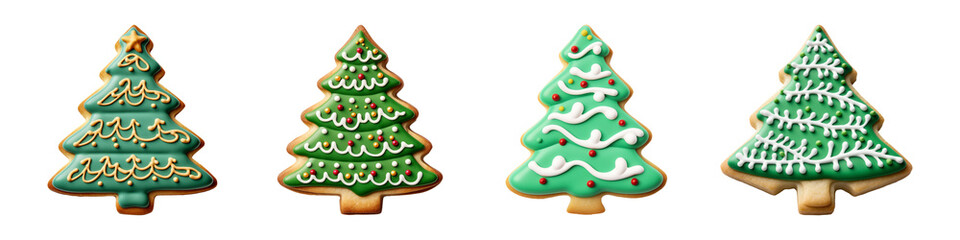 set of christmas tree cookies isolated on a transparent background.