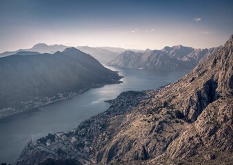 Aerial view of the city of Kotor in mountains in Montenegro