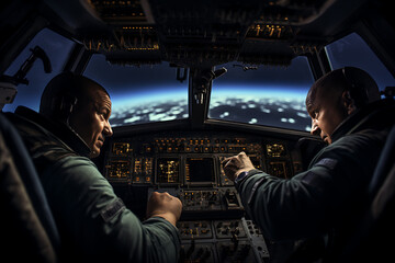 two men flying a spacecraft,space exploration, space craft, flying into space, deep space exploration - Powered by Adobe