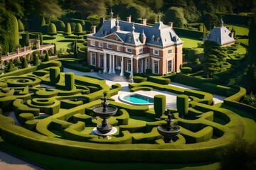 A Victorian mansion with an elaborate formal garden, meticulously landscaped with perfectly trimmed hedges and topiaries
