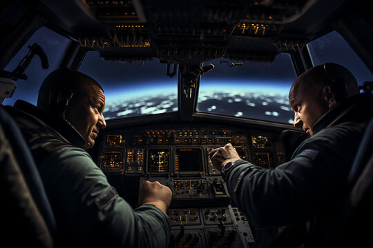 two men flying a spacecraft,space exploration, space craft, flying into space, deep space exploration