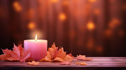  a lit candle with autumn leaves on a wooden table in front of a curtain.  generative ai