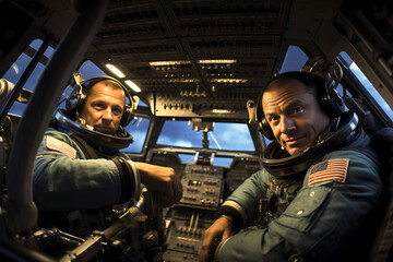 two men flying a spacecraft,space exploration, space craft, flying into space, deep space...