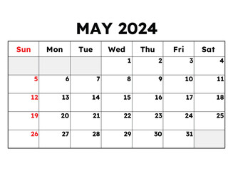 May 2024 calendar. Vector illustration. Monthly planning for your business