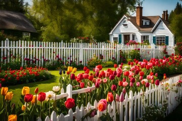A charming cottage with a colorful garden in front, vibrant blooms of roses, tulips, and daisies, surrounded by a white picket fence - Powered by Adobe