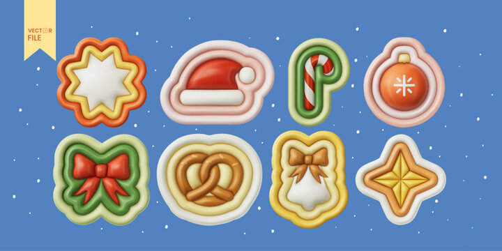 Vector illustration - Set of groovy Christmas stickers. 8 Plastic Elements In 3D Style. Holiday decoration - Stars, Bell, Christmas ball, Pretzel, Bow, Santa hat, Christmas candy cane.