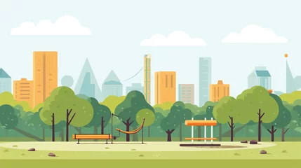 Foto op Plexiglas Illustration of a beautiful public park with a simple and minimalist drawing style. Landscape design that is orderly and quiet with no visitors. © Aisyaqilumar