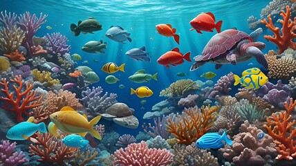 Colorful tropical coral reef with fish,Masked butterfly fish,A group of fish swimming over a coral...