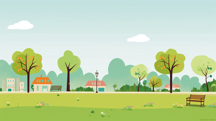 Illustration of a beautiful public park with a simple and minimalist drawing style. Landscape design that is orderly and quiet with no visitors.