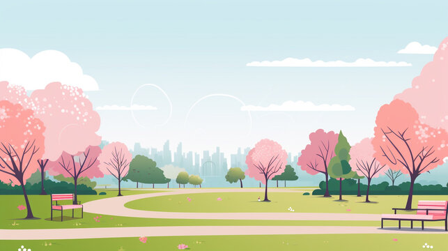 Illustration of a beautiful public park with a simple and minimalist drawing style. Landscape design that is orderly and quiet with no visitors.