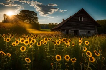 An old farmhouse with a wildflower meadow in front, tall sunflowers and dandelions swaying in the breeze, under a clear blue sky