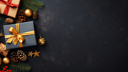  a gift box with a gold bow and a christmas decoration.  generative ai - obrazy, fototapety, plakaty