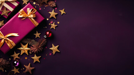 Obraz na płótnie Canvas a purple gift box with gold stars around it on a purple background. generative ai