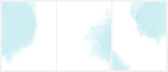 Set of 3 Delicate Abstract Watercolor Painting Style Vector Layouts. Light Ice Blue Paint Stains on a White Background. Pastel Blue Stains and Splatter Print with Copy Space. RGB Colors.