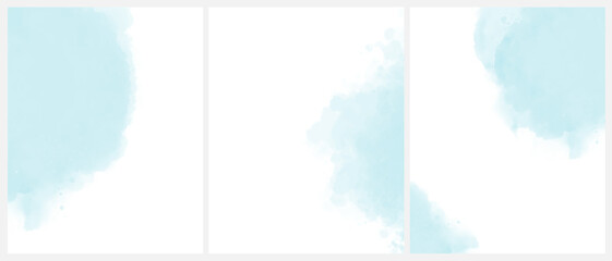 Obraz premium Set of 3 Delicate Abstract Watercolor Painting Style Vector Layouts. Light Ice Blue Paint Stains on a White Background. Pastel Blue Stains and Splatter Print with Copy Space. RGB Colors.
