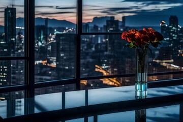 A minimalist single flower vase on a modern glass table in a sleek, high-rise apartment with floor-to-ceiling windows, overlooking a bustling cityscape at night
