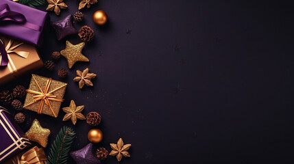 Obraz na płótnie Canvas a purple and gold christmas background with presents and decorations on it. generative ai